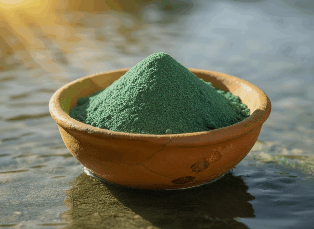 Green spirulina powder in a clay bowl by water.