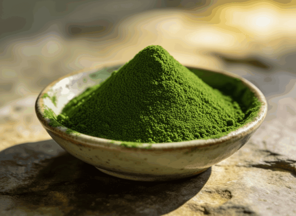 A bowl filled with vibrant green matcha powder.