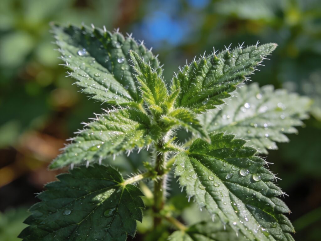 Close-up of a green nettle plant with spiky leaves.