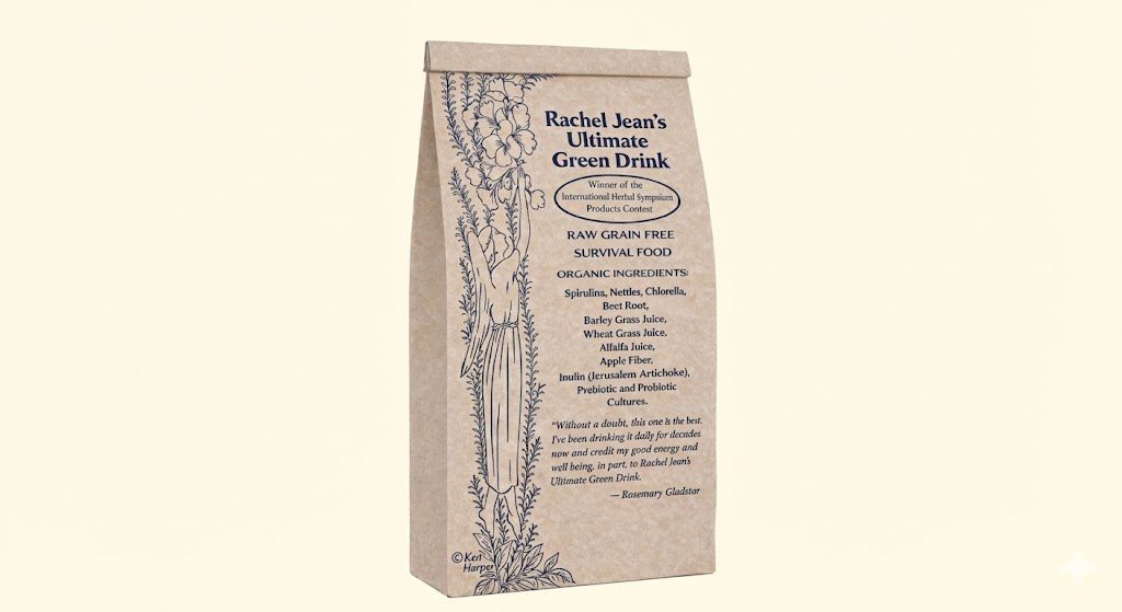 A rustic package of Rachel James Ultimate Green Drink with botanical illustrations.