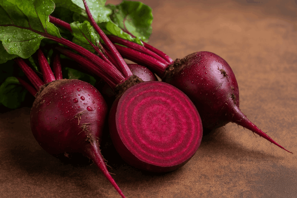 Fresh beetroots with vibrant red color and visible concentric rings on the cut surface.