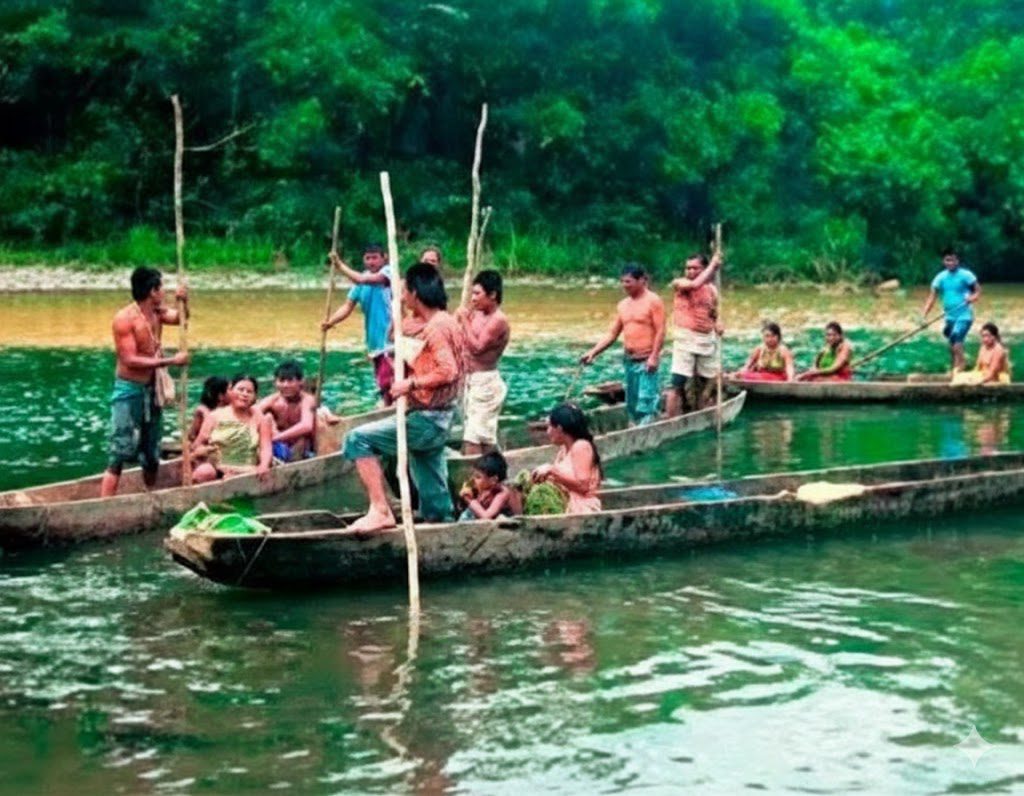 Group of people crossing a river on wooden boats with poles.