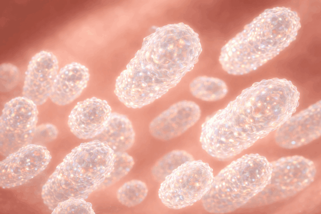 Close-up of microscopic bacteria on a reddish surface.