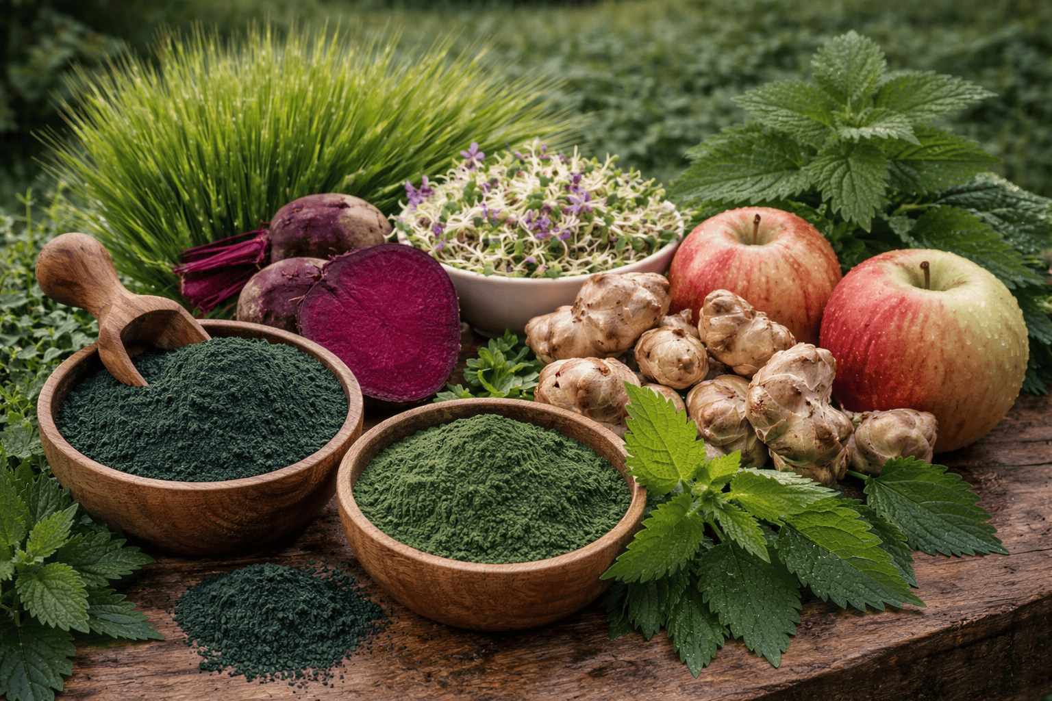 Bowls of spirulina, beetroot, and herbs with fresh vegetables on a table.