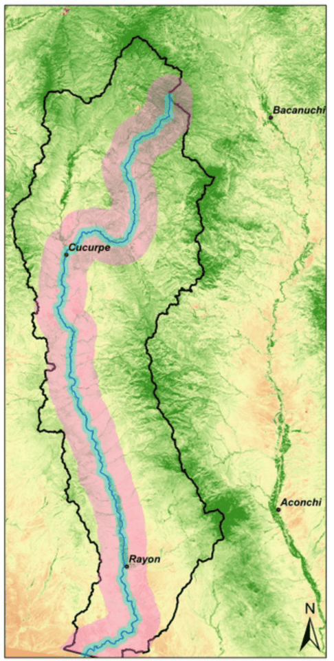 Topographic map showing terrain and river with marked boundary.
