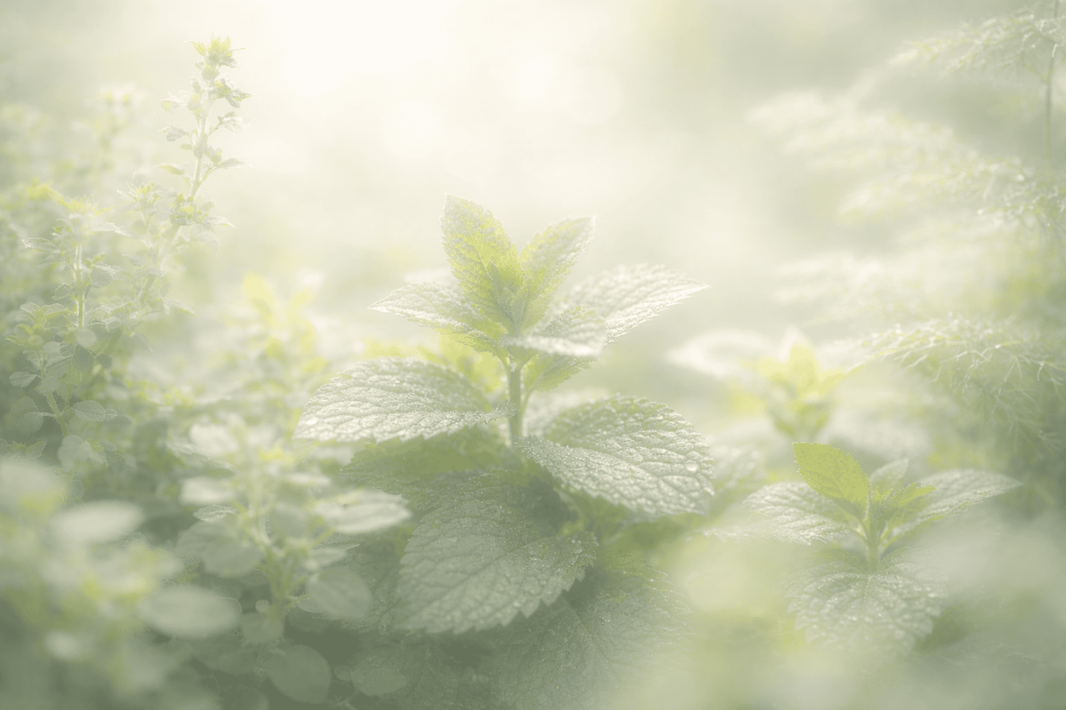 Close-up of green mint leaves in soft, diffused light.