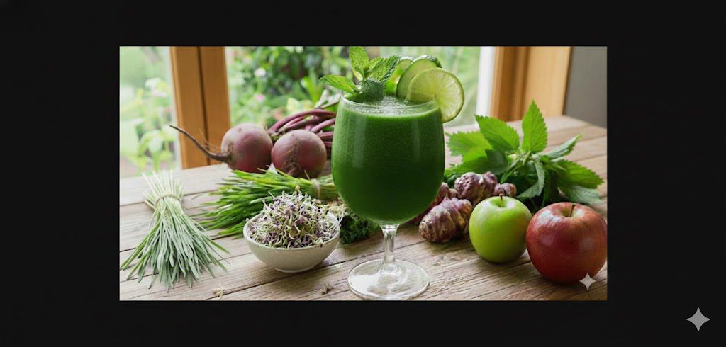 A refreshing green smoothie surrounded by fresh fruits and herbs.