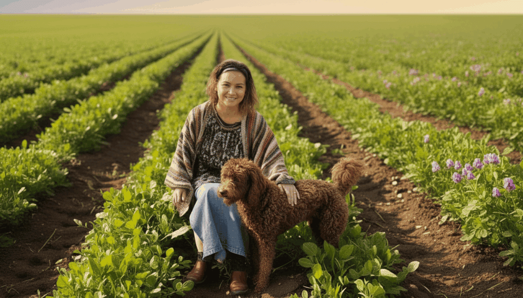 A woman with a dog in a green field under a clear sky.