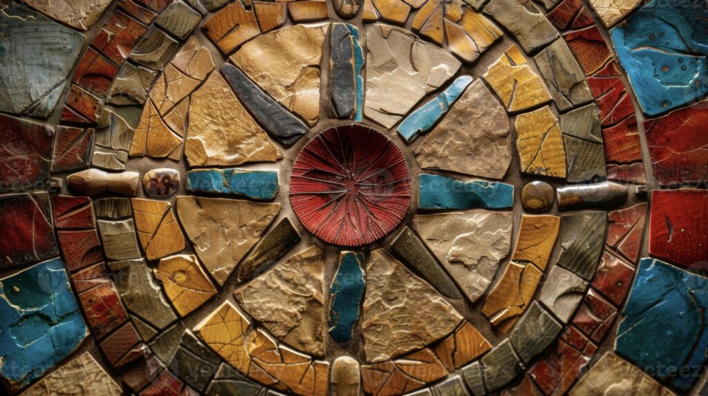 A rustic, circular wooden artifact with colored segments and a carved center.