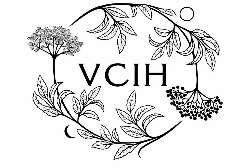 Black and white floral design with "VCIH" text.