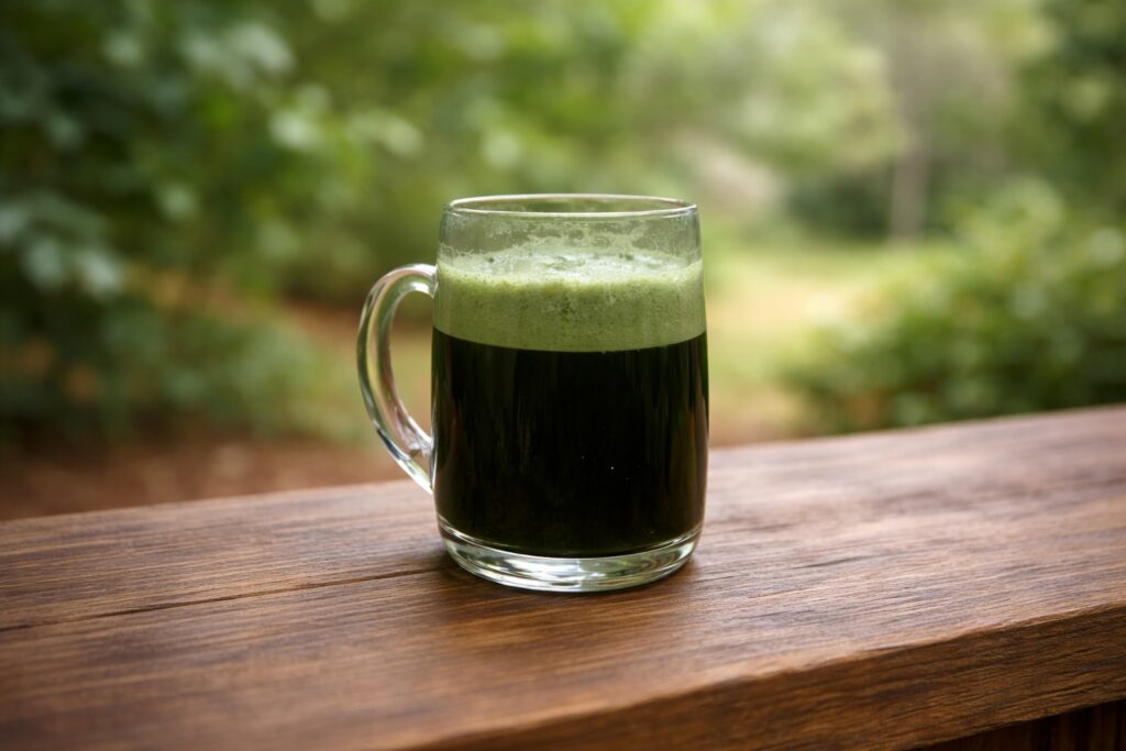 A clear glass mug filled with green juice on a wooden surface.